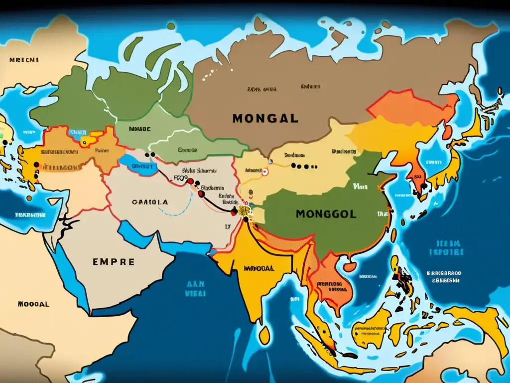 Mapa detallado del Imperio Mongol en su apogeo, destacando alianzas y conflictos, rutas comerciales y expansiones territoriales