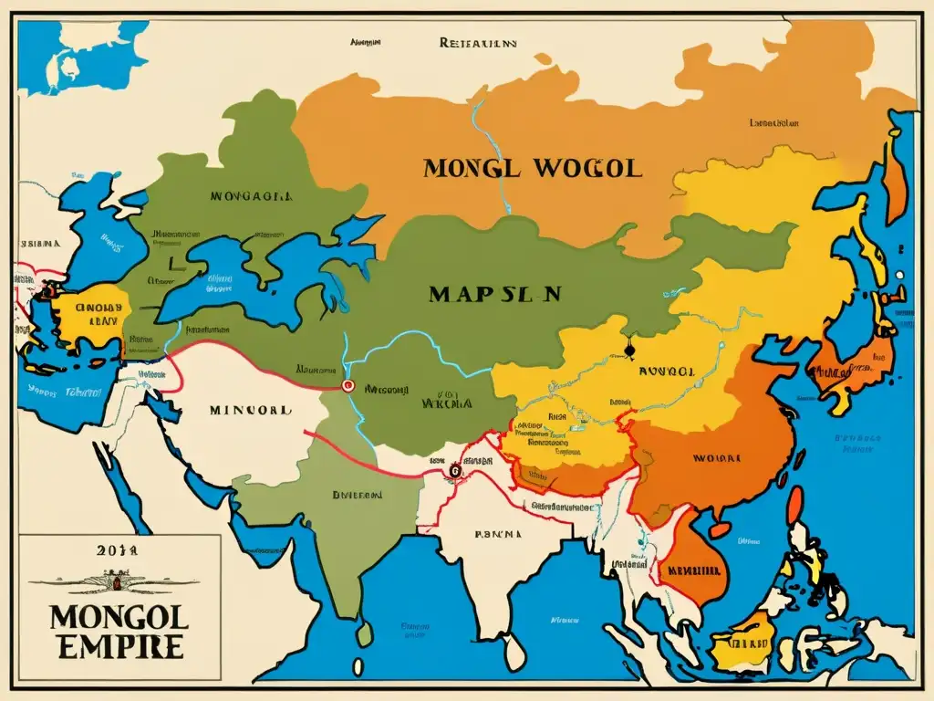 Mapa detallado del Imperio Mongol con ilustraciones históricas de guerreros y líderes, creando una inmersiva reestructuración territorial