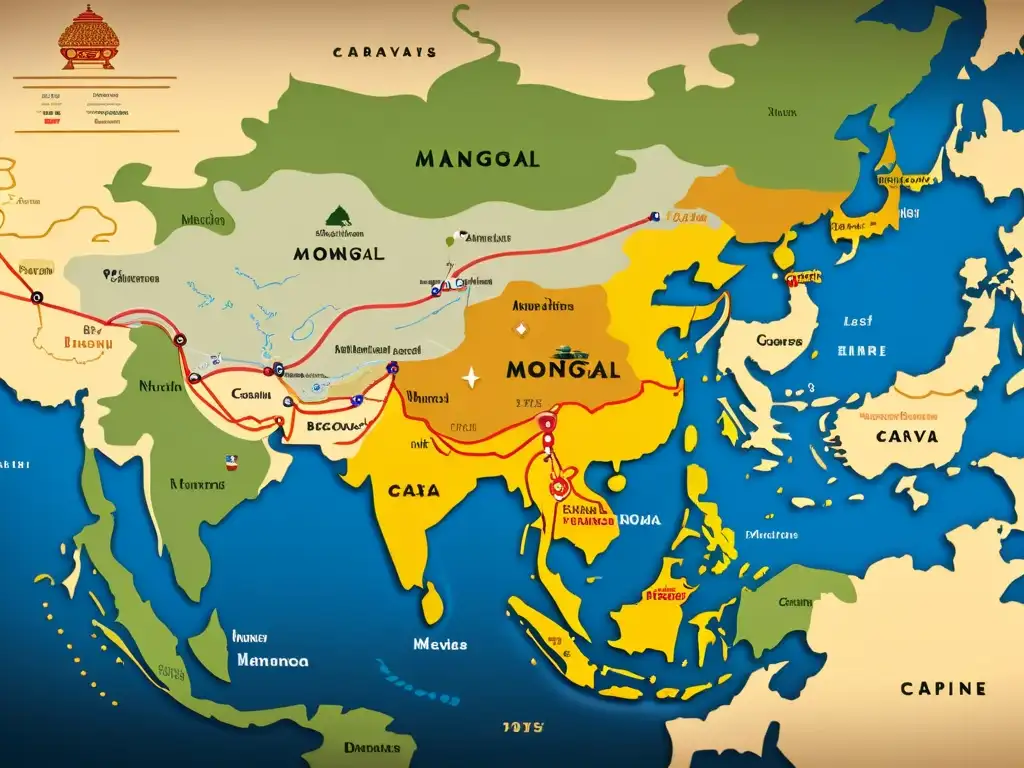 Mapa detallado del Imperio Mongol con rutas comerciales menores, destacando la riqueza y diversidad de bienes, culturas y personas que las recorrieron