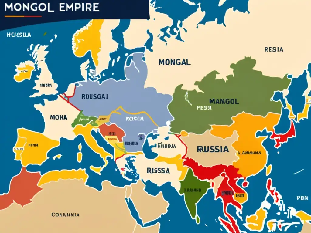 Mapa detallado del Imperio Mongol en su apogeo, con rutas comerciales y legado económico destacado en Rusia y Persia