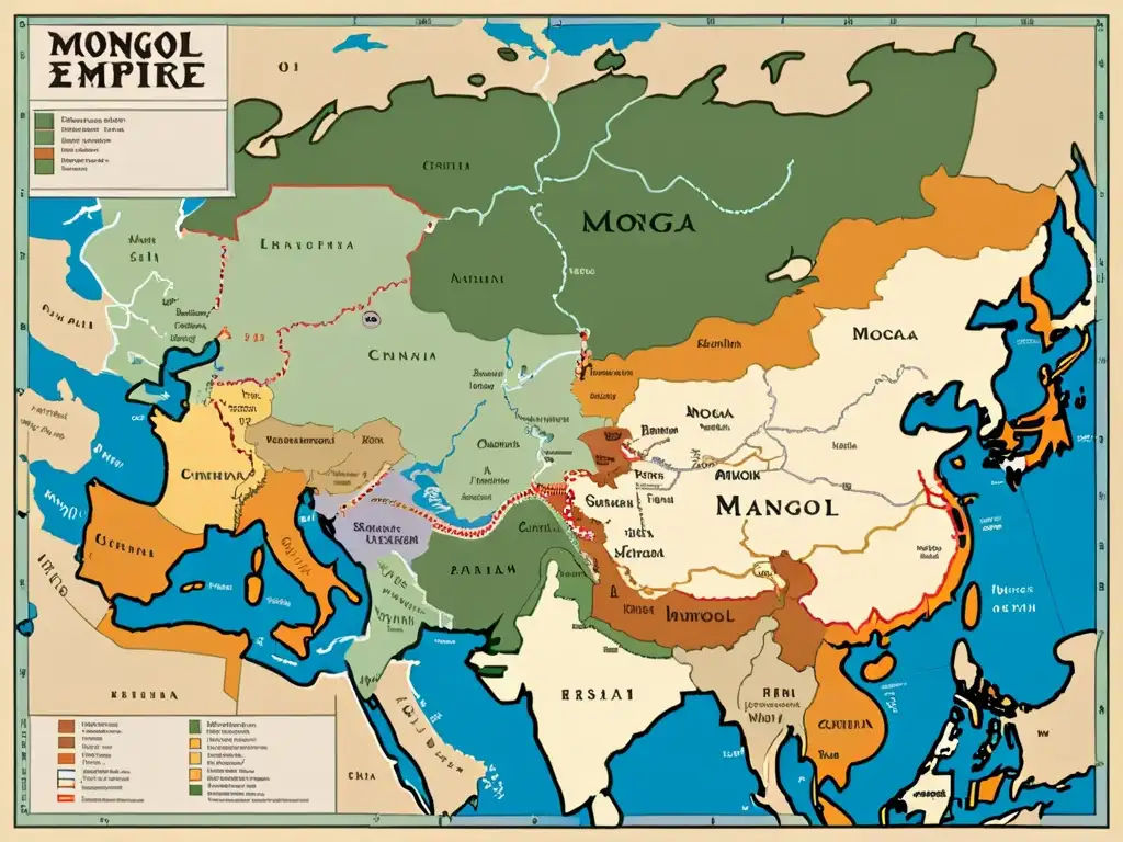 Mapa detallado del Imperio Mongol, con rutas comerciales, ciudades y paisajes, resaltando el poder económico del Imperio Mongol