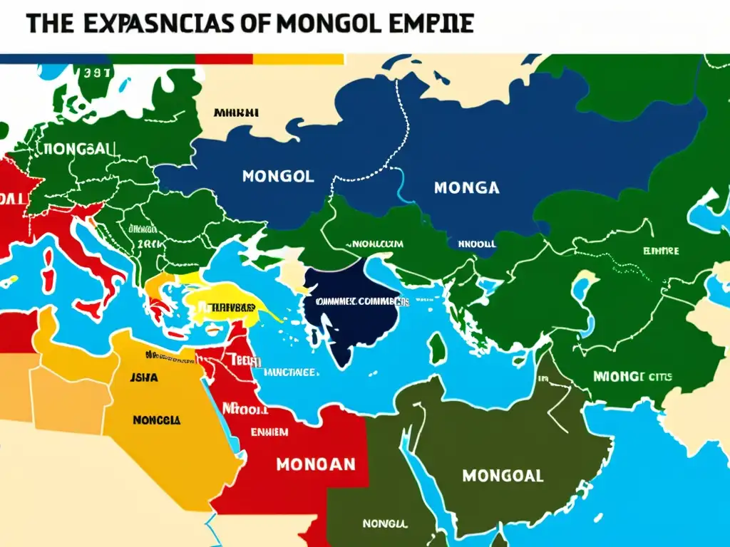 Mapa detallado del Imperio Mongol con fronteras, ciudades clave y rutas comerciales resaltadas, mostrando su impacto económico en Asia y Europa