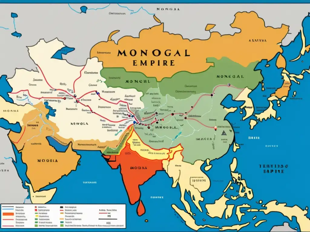 Mapa detallado del Imperio Mongol en su apogeo, con colores vibrantes y fronteras claras