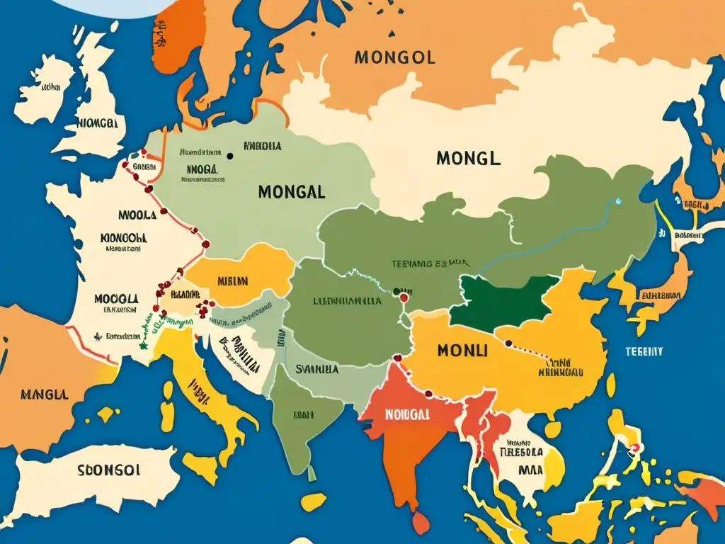 Mapa detallado del Imperio Mongol en su apogeo, mostrando su vasto impacto económico en Asia, Europa y Oriente Medio