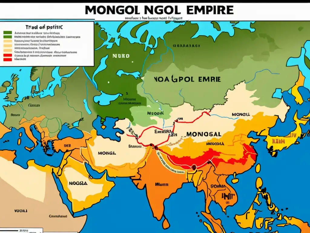 Mapa detallado del Imperio Mongol en su apogeo con datos económicos superpuestos, mostrando su impacto económico y cultural