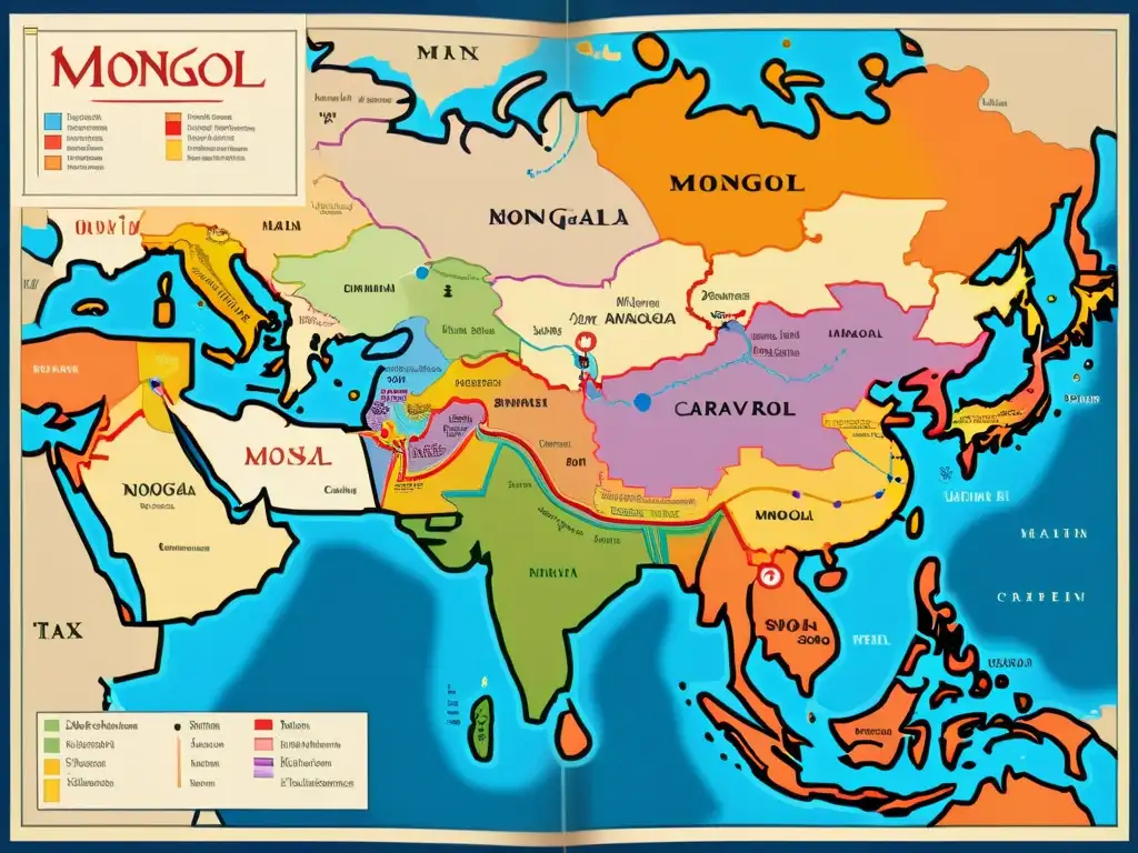 El mapa detallado del Imperio Mongol muestra las regiones económicas y rutas comerciales