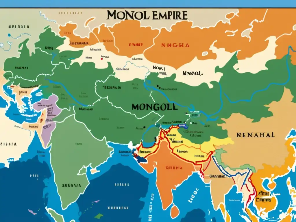 Mapa detallado del Imperio Mongol en su apogeo, con territorios, ciudades y rutas comerciales claramente marcados