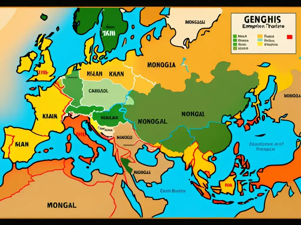 Mapa detallado de la expansión del Imperio Mongol, mostrando territorios conquistados, rutas comerciales y batallas significativas en Asia y Europa