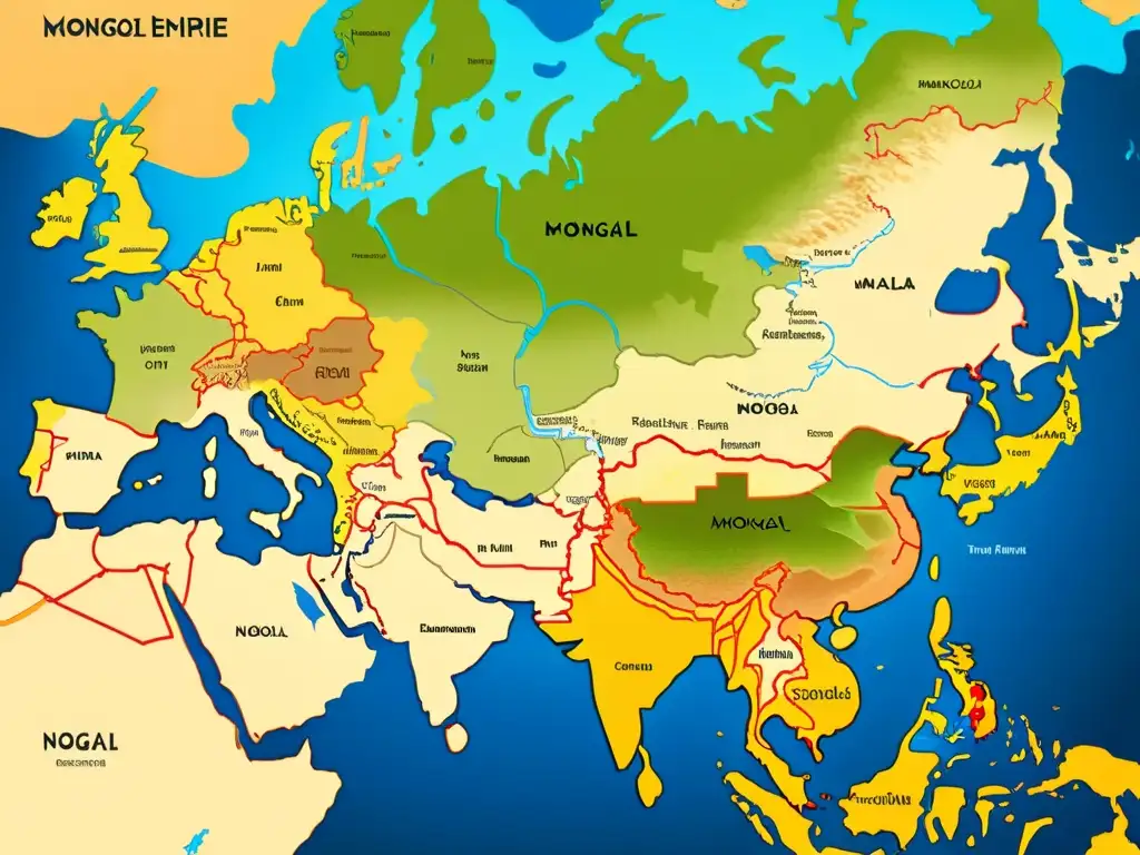 Mapa detallado del Imperio Mongol en su apogeo, mostrando su vasto territorio en Asia, Europa y Oriente Medio