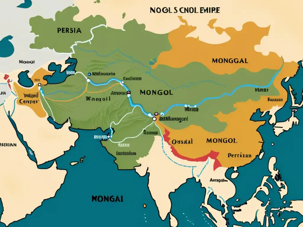 Mapa detallado del Imperio Mongol en Persia, resaltando ciudades clave y regiones afectadas por las conquistas