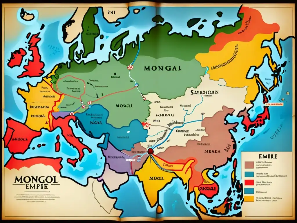 Mapa detallado del Imperio Mongol con tácticas de guerra, rutas estratégicas y conquistas, en estilo pergamino