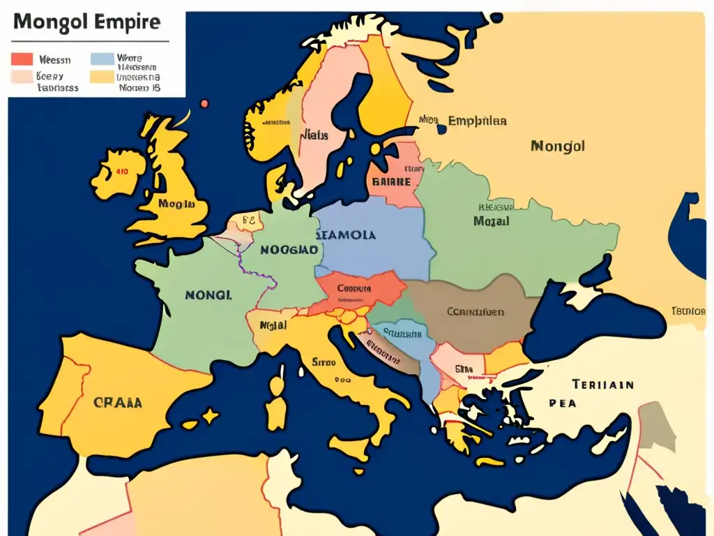 Mapa detallado del Imperio Mongol en Europa, resaltando batallas, rutas y territorios