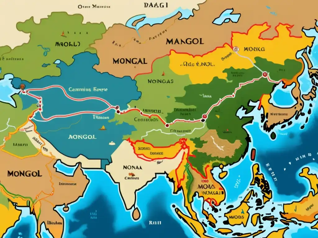 Mapa detallado del Imperio Mongol muestra impacto de la cartografía medieval en la diversidad de sus territorios y rutas comerciales