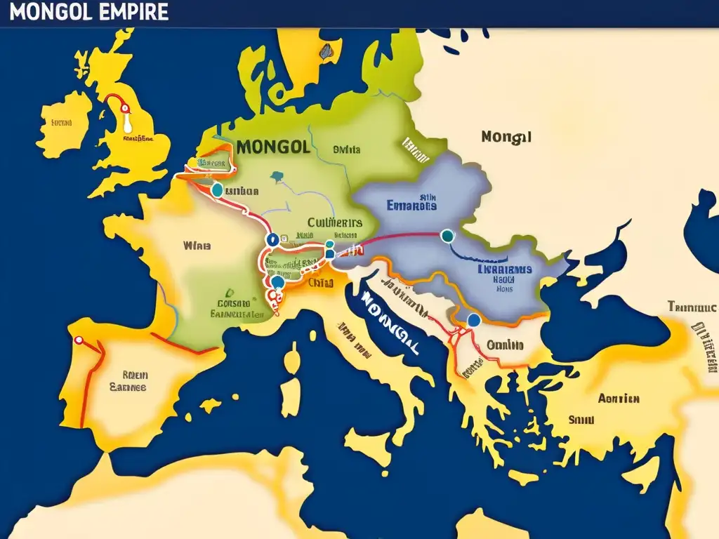 Mapa detallado del Imperio Mongol en su apogeo con rutas comerciales hacia Europa, resaltando encuentros culturales y tecnológicos