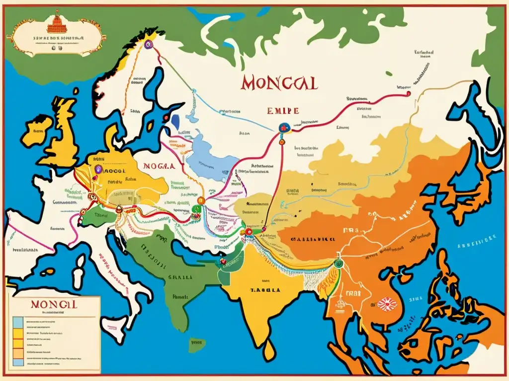 Mapa detallado del Imperio Mongol en su apogeo, con rutas comerciales, campañas militares y centros logísticos