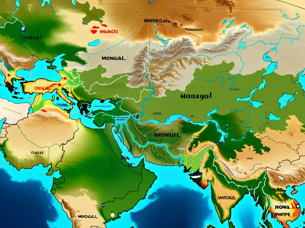 Mapa detallado del imperio mongol en su apogeo, mostrando su vasto territorio, ciudades y rutas comerciales