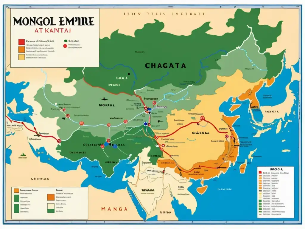 Mapa detallado del Imperio Mongol en su apogeo, mostrando la extensa herencia cultural y política de la Descendencia Chagatai Khan