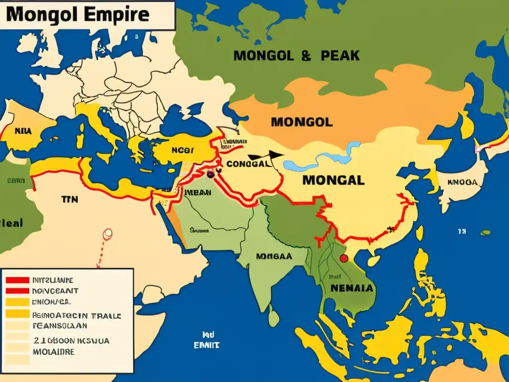 Mapa detallado del Imperio Mongol en su apogeo, mostrando territorios conquistados, ciudades clave y efectos a largo plazo en geopolítica global