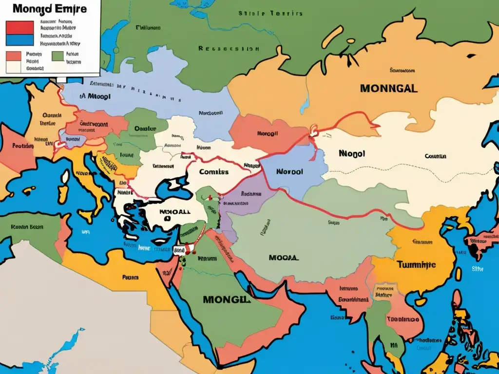 Mapa detallado del Imperio Mongol durante los conflictos sucesorios, mostrando territorios, líderes y alianzas en un periodo tumultuoso