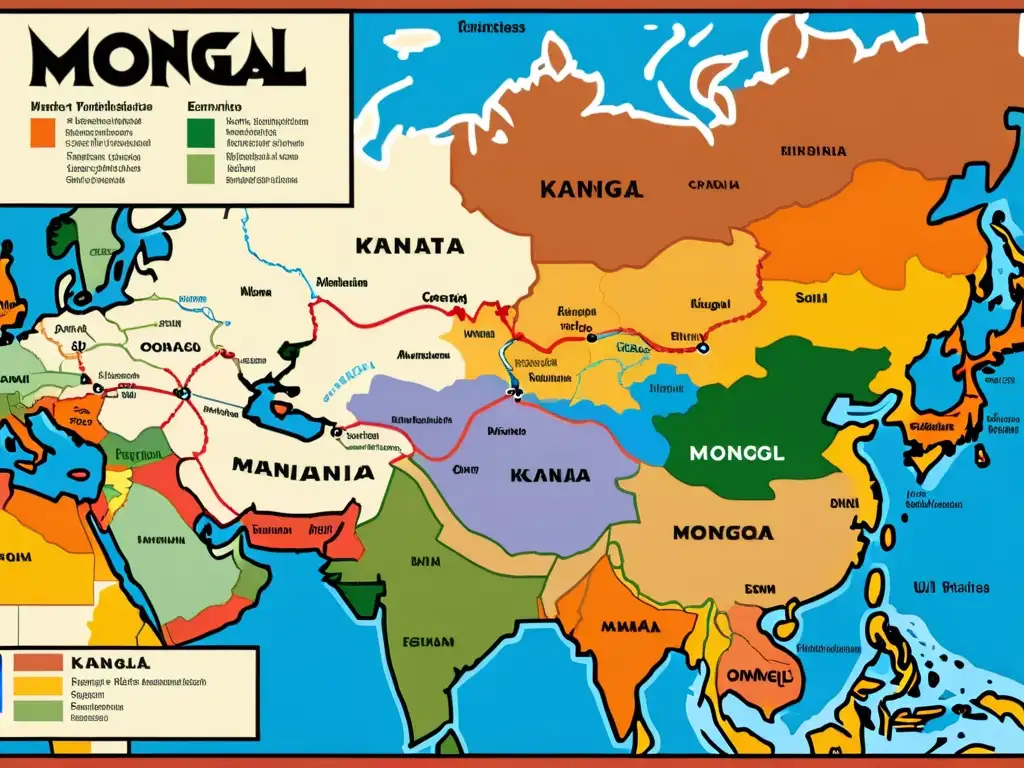 Mapa detallado del Imperio Mongol dividido en khanatos, ilustrando conflictos sucesorios