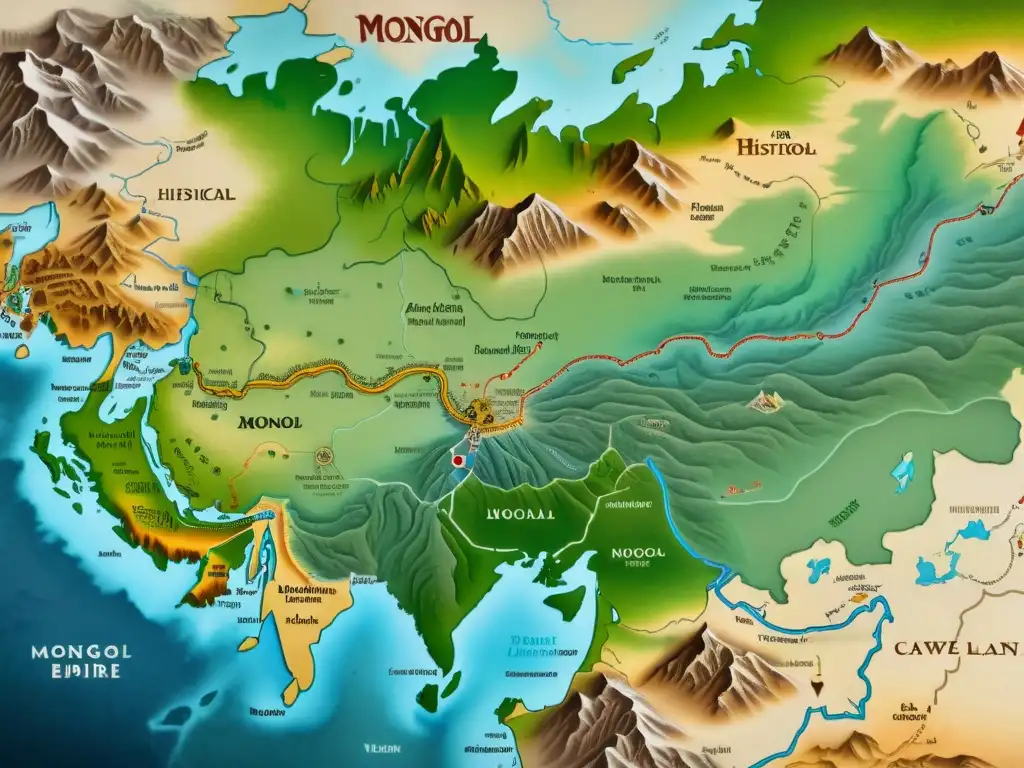 Mapa detallado del Imperio Mongol, con cartografía antigua y detalles de Medio Oriente