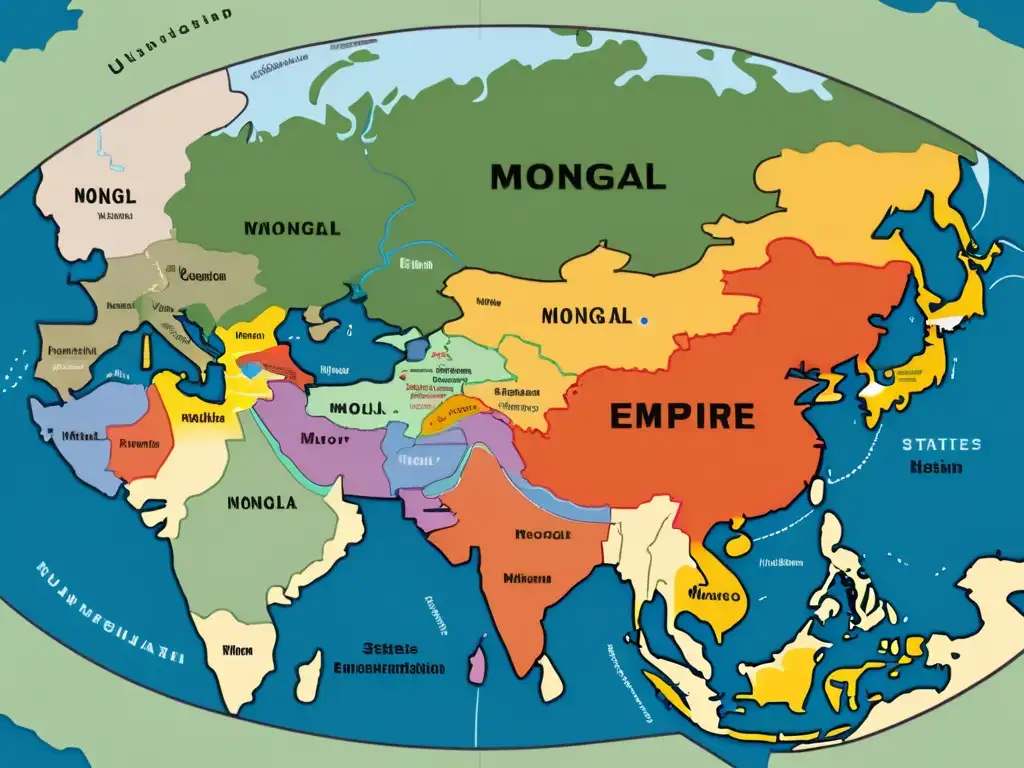 Mapa detallado del Imperio Mongol y sus estados sucesores, con coloridos territorios y calligrafía, mostrando la transformación del Imperio Mongol