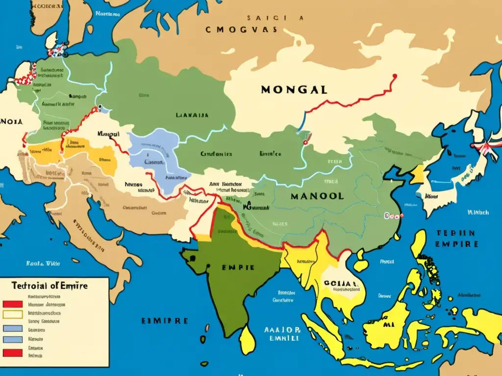 Mapa detallado del Imperio Mongol, resaltando estrategias de asimilación de pueblos sometidos