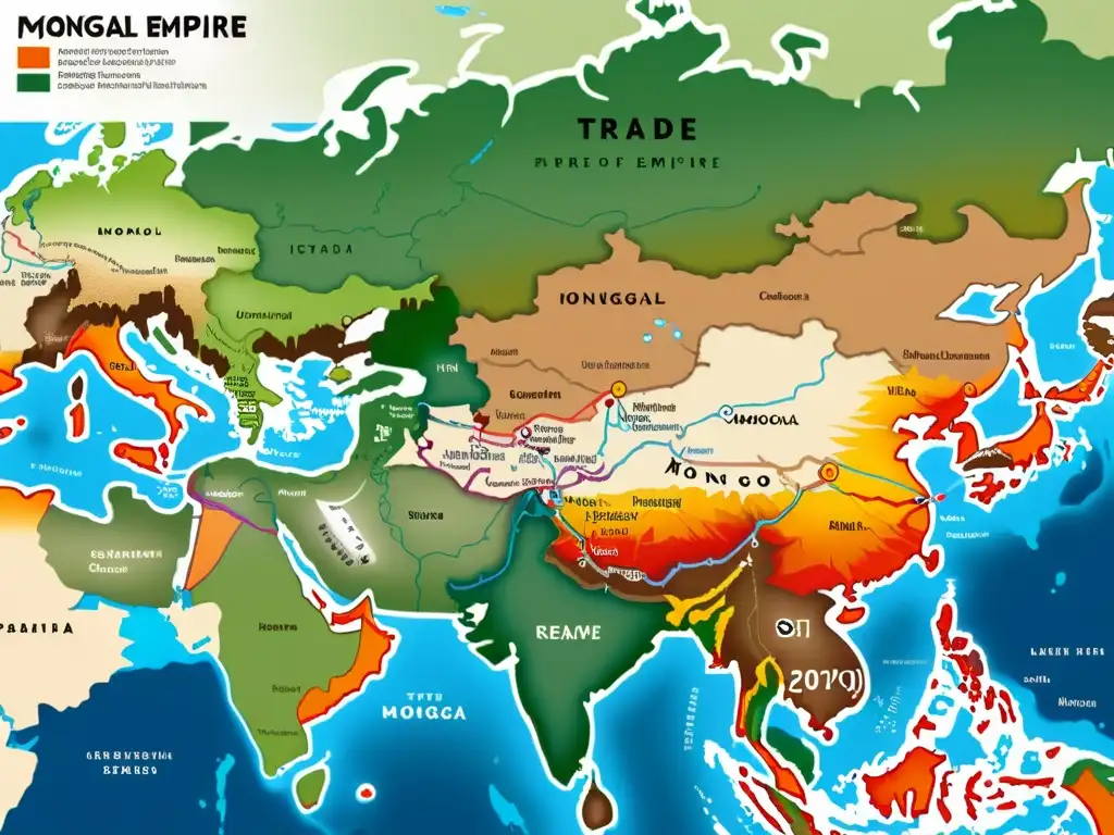 Mapa detallado del Imperio Mongol en su apogeo, destacando su extenso territorio, rutas comerciales y ciudades clave