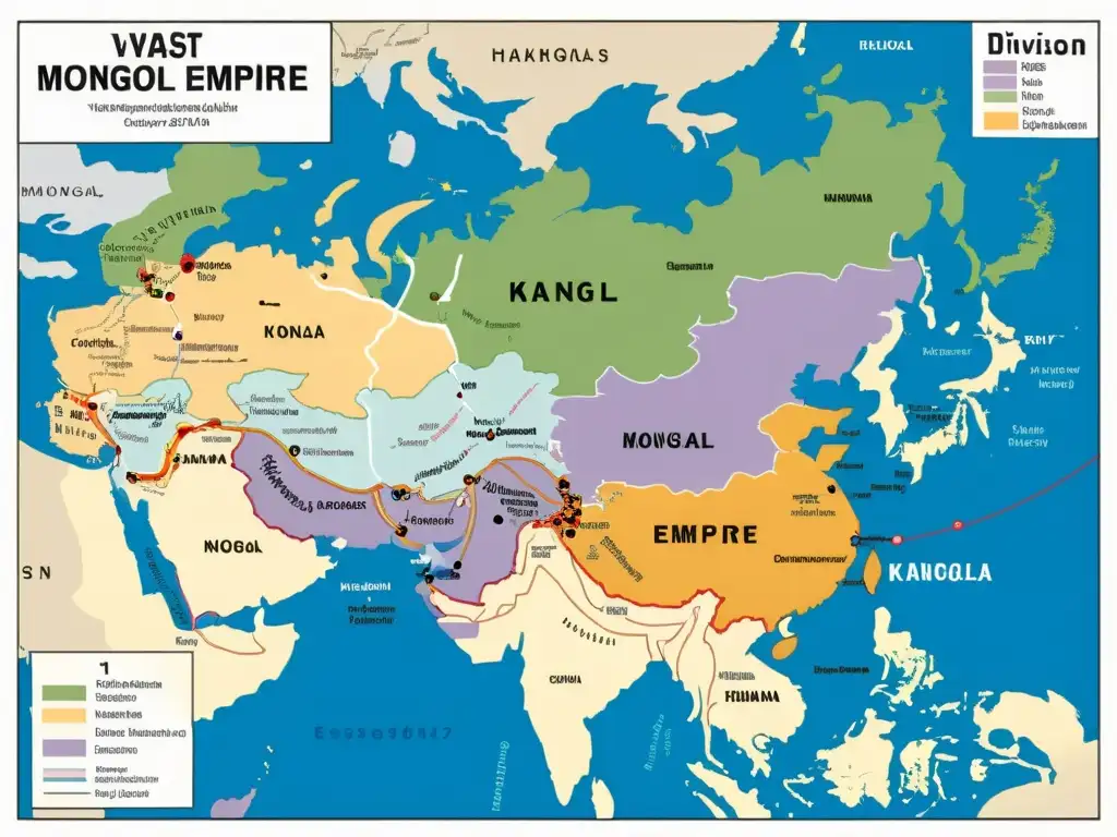 Mapa detallado del Imperio Mongol dividido en khanatos, mostrando la fragmentación del poder en Imperio Mongol