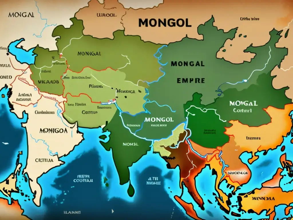 Mapa detallado del Imperio Mongol en su máximo esplendor, con ricos tonos terrosos y detalles de sus factores detuvieron expansión