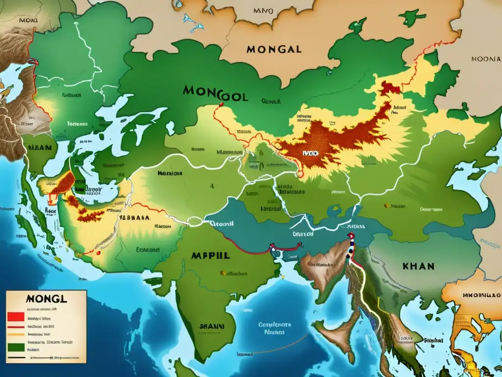 Mapa detallado del Imperio Mongol en su apogeo bajo el liderazgo de Gengis Khan, mostrando su expansión histórica