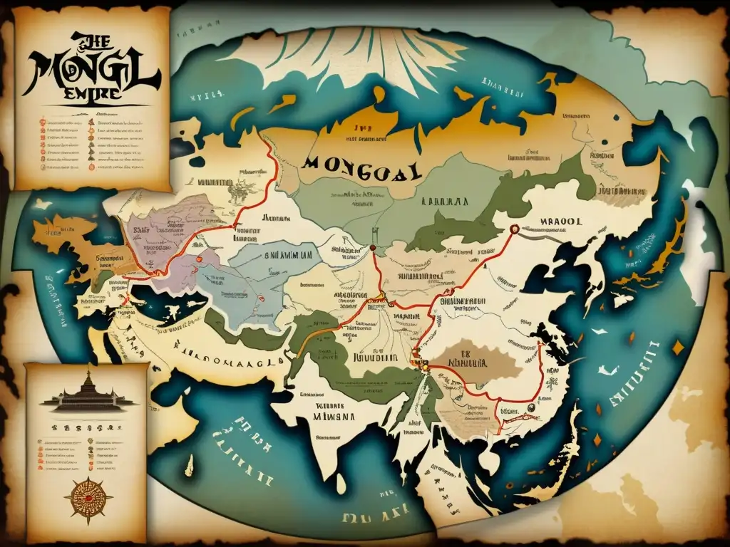 Mapa detallado del Imperio Mongol con ilustraciones de campañas militares y batallas