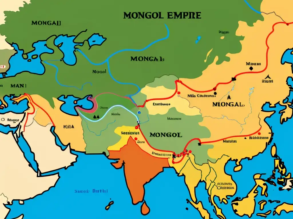 Mapa detallado de la expansión del Imperio Mongol, mostrando estrategias militares y conquistas clave, evocando su impacto histórico