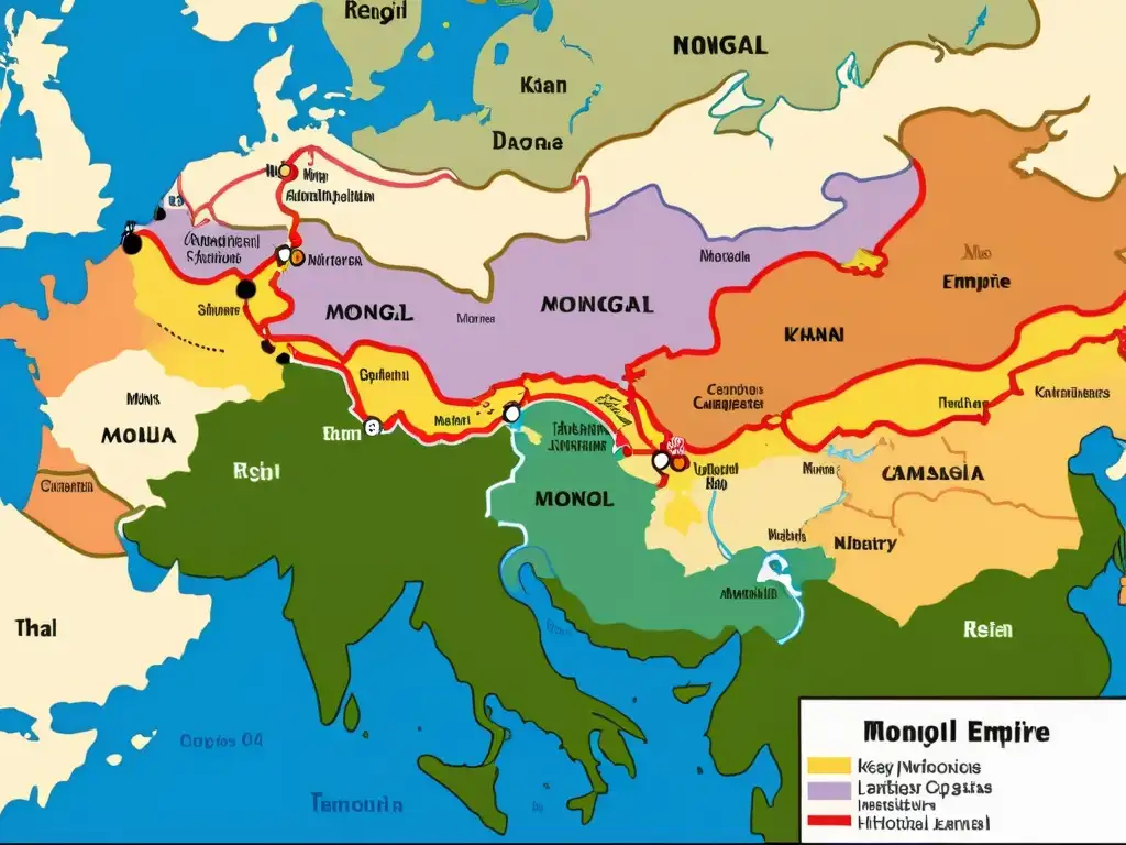 Mapa detallado del Imperio Mongol durante el reinado de Möngke Khan, destacando territorios, rutas comerciales y campañas militares