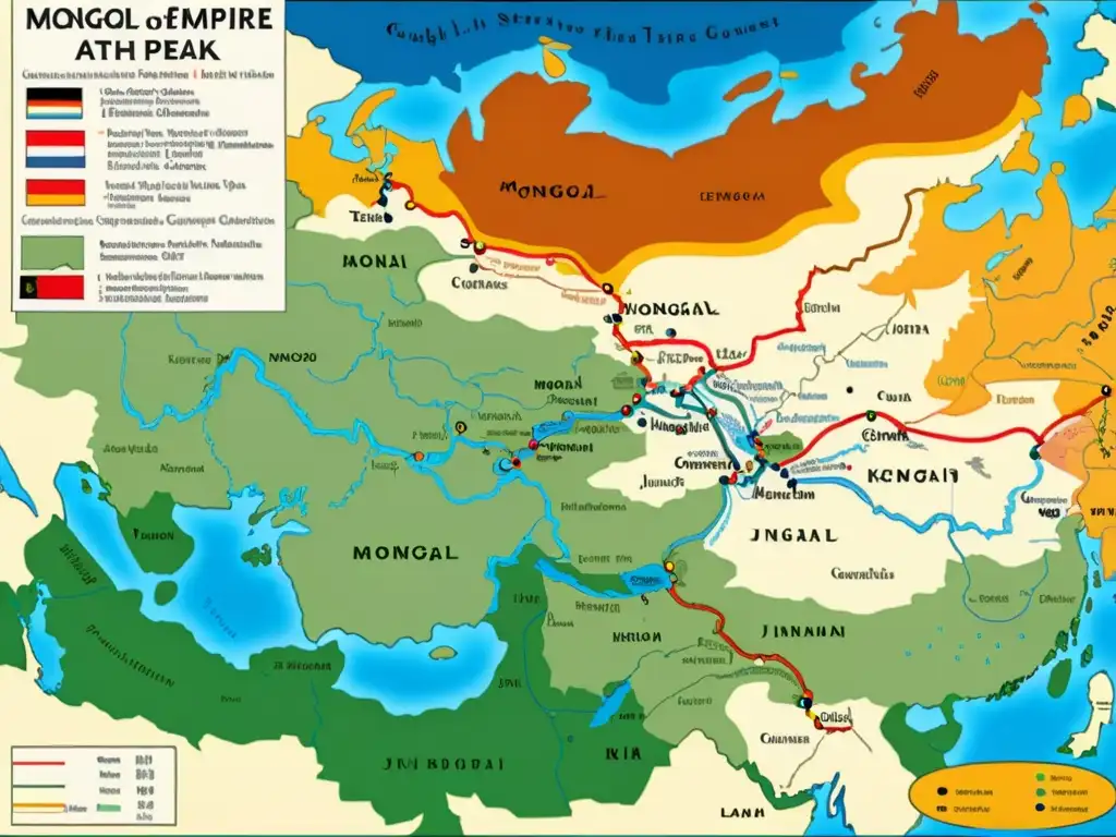 Mapa detallado del imperio mongol en su apogeo, con rutas y conquistas de Genghis Khan y la dinastía Jin en colores contrastantes