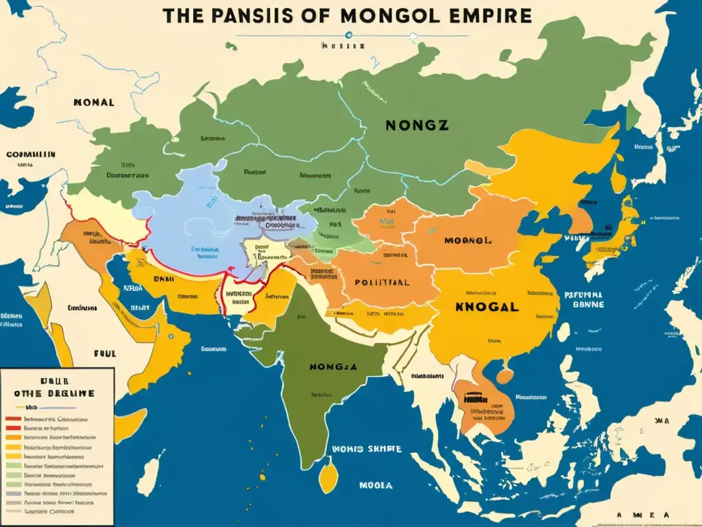 Mapa detallado del Imperio Mongol, mostrando su expansión y declive