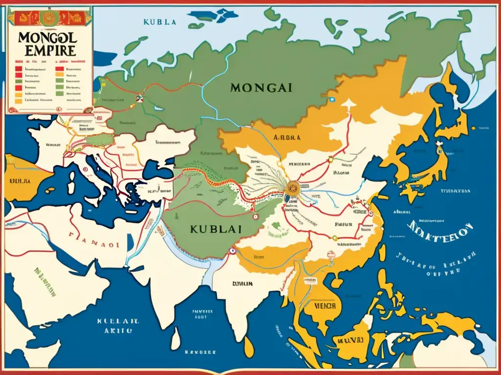 Mapa detallado del Imperio Mongol, con rica ornamentación y colores vibrantes que representan la rivalidad entre Kublai Khan y Ariq Böke