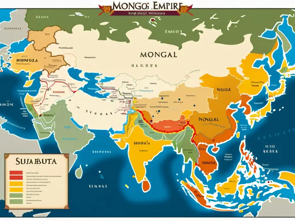 Mapa detallado del Imperio Mongol en su apogeo, destacando sus extensos territorios conquistados bajo el liderazgo de Subotai y Batú Khan