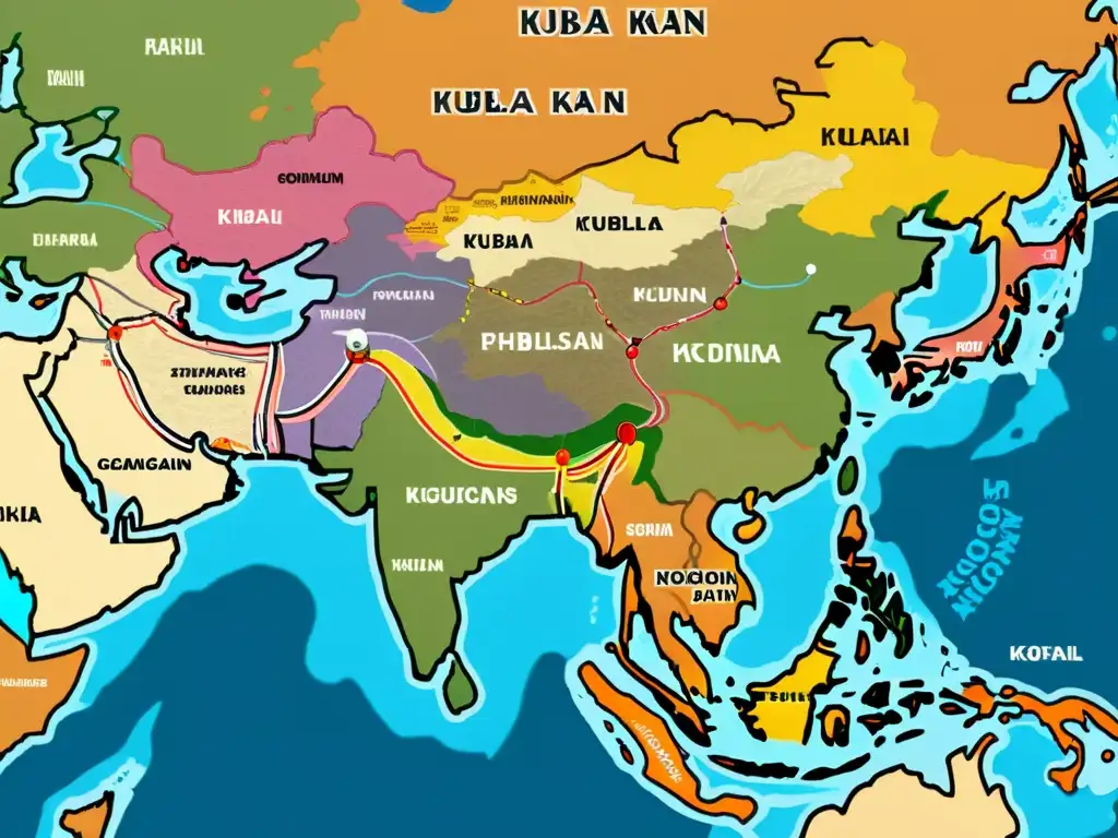 Mapa detallado de la expansión del Imperio Mongol en Asia, mostrando rutas comerciales, campañas militares y conquistas clave en vibrantes colores y cartografía detallada