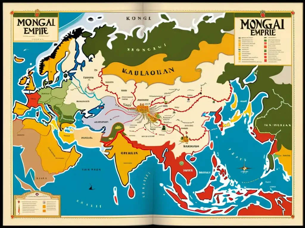 Mapa detallado del Imperio Mongol en la época de Kublai Khan, con ciudades, rutas comerciales y ilustraciones de guerreros y arquitectura