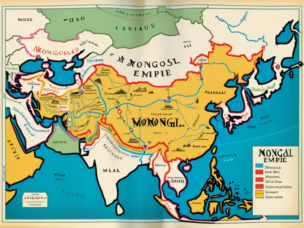 Mapa detallado del Imperio Mongol en el Medio Oriente, con rutas comerciales y ciudades clave