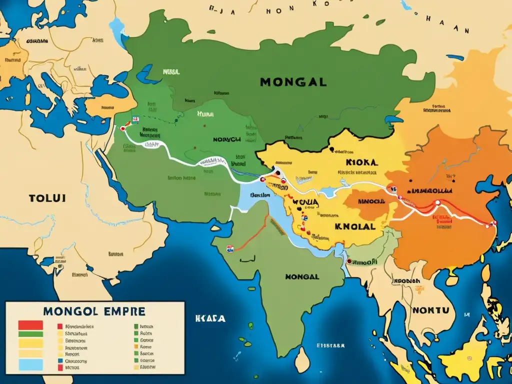 Mapa detallado del Imperio Mongol de Tolui Khan Mapa detallado del Imperio Mongol bajo Tolui Khan, con ciudades clave, rutas comerciales y anotaciones en mongol