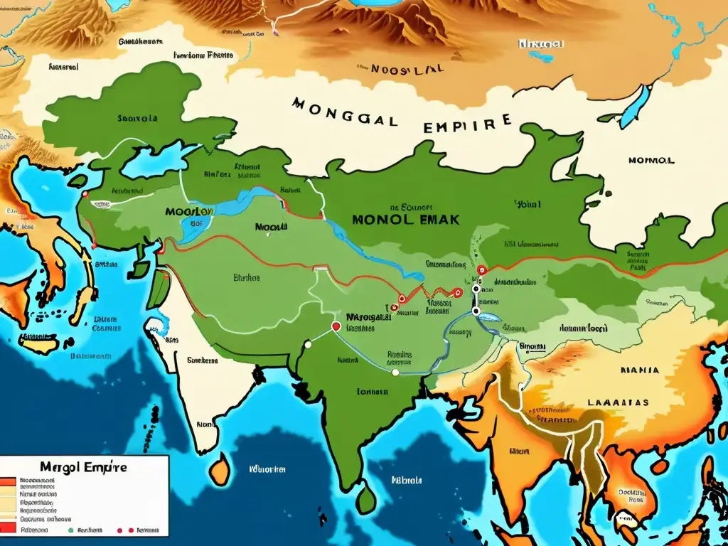 Mapa detallado de la expansión del Imperio Mongol en Asia, con topografía, ciudades, rutas comerciales y hitos destacados