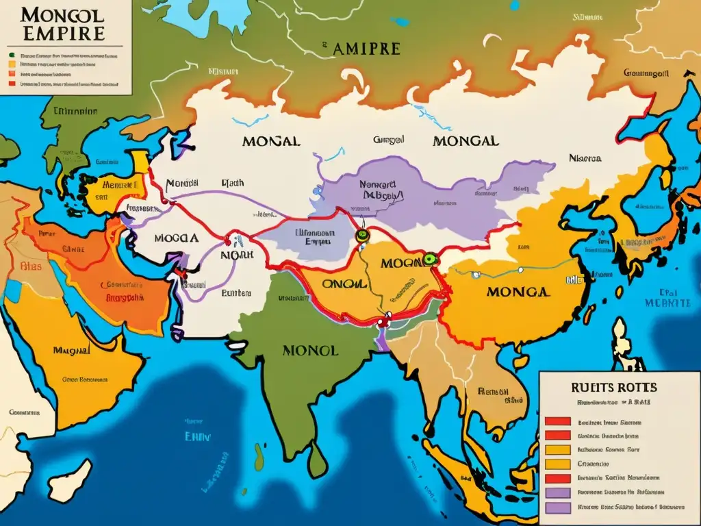 Mapa detallado del Imperio Mongol en su esplendor Mapa detallado del Imperio Mongol en su apogeo, con ilustraciones históricas de administradores, mostrando la organización del imperio