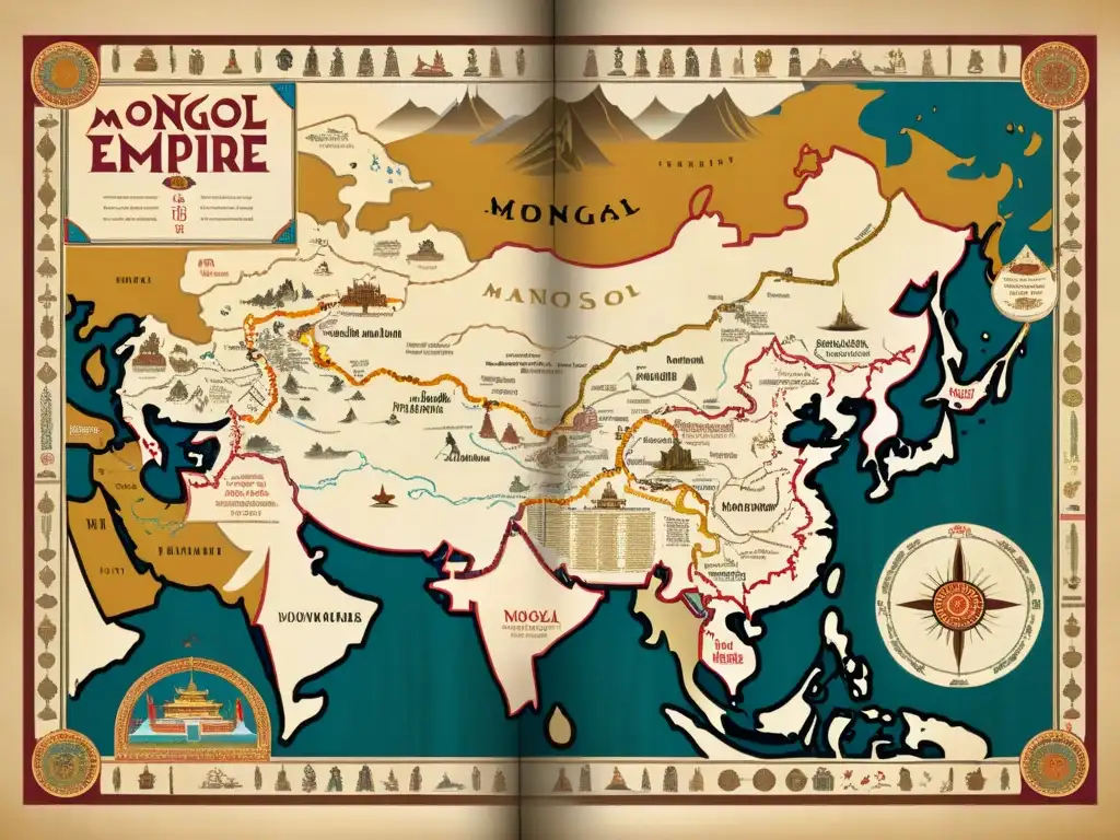 Mapa detallado del Imperio Mongol con guerreros a caballo, yurtas tradicionales y fronteras delineadas en tonos terrosos