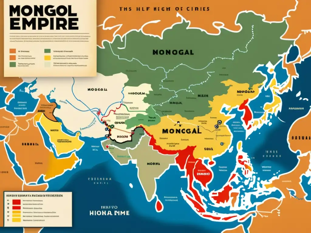 Mapa detallado del Imperio Mongol en su apogeo, con fronteras intrincadas, ciudades, anotaciones de conquistas y guerreros, evocando su vasta influencia histórica y cultural