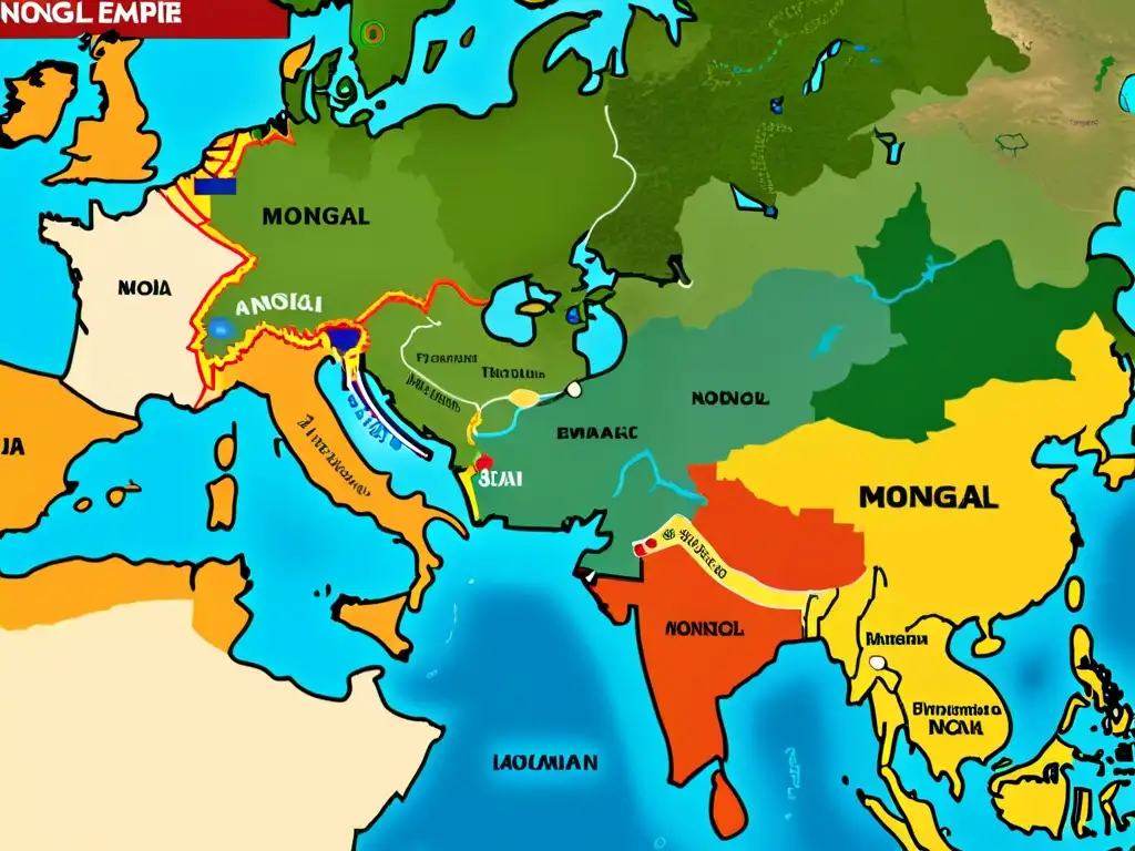 Mapa detallado del Imperio Mongol, resaltando alianzas y rutas comerciales