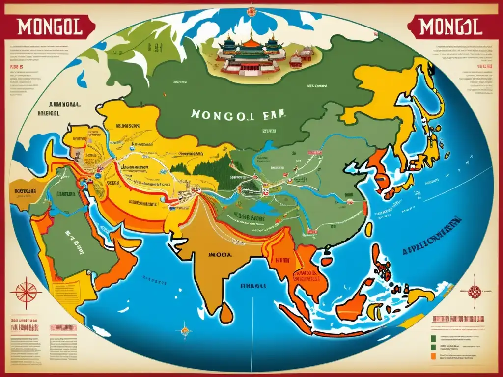 Mapa detallado de la expansión del Imperio Mongol, mostrando la tecnología medieval y avances en armamento, arquitectura y intercambio cultural