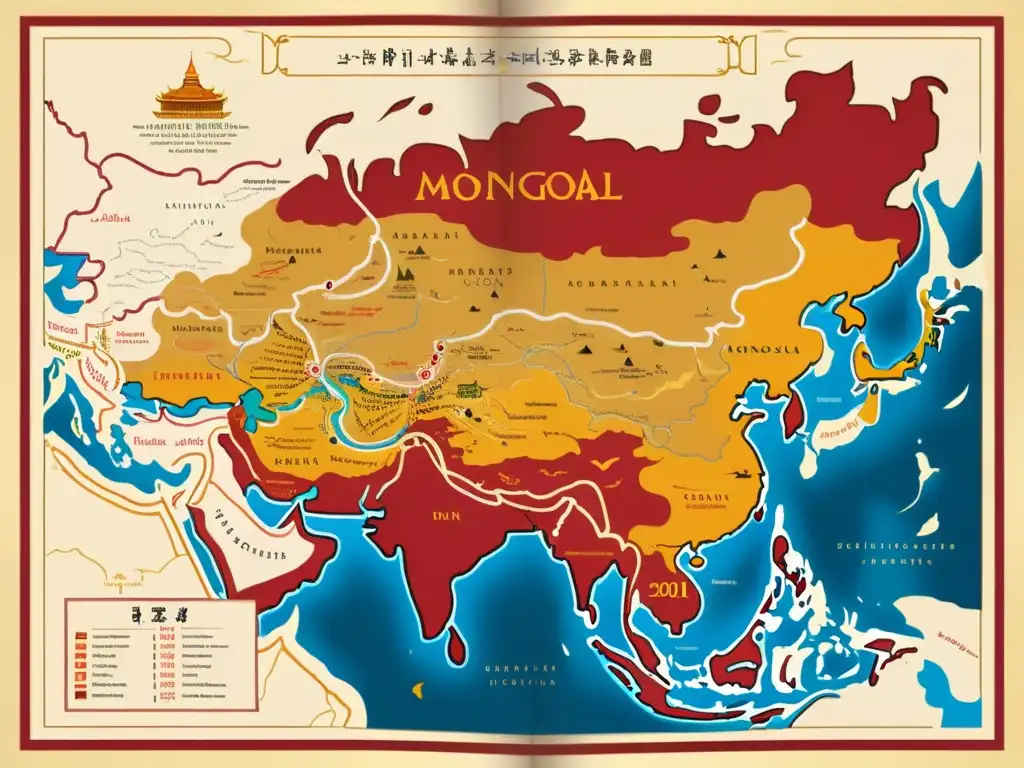 Mapa detallado del Imperio Mongol, con ilustraciones de paisajes, ciudades y rutas comerciales