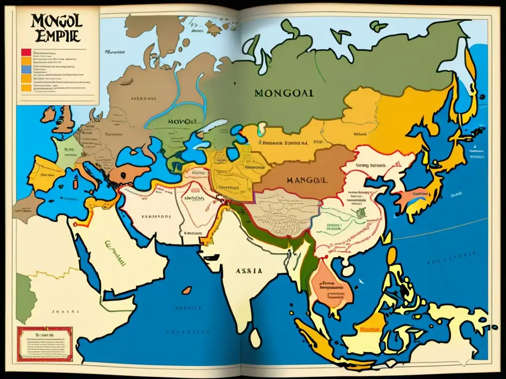 Mapa detallado del Imperio Mongol en Europa y Asia, mostrando su influencia cultural, política y económica en la región